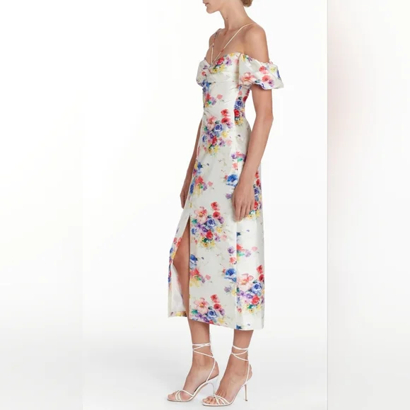 Markarian Palma Multicolor Beaded Floral Off-The-Shoulder Ruched Dress NWT
